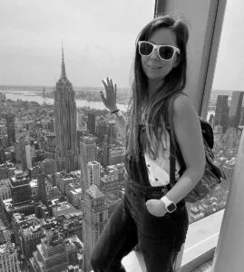 Woman at the front, Empire State Building at the back